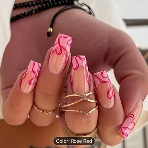 Designer Long Square Red Heart Pink French Tip 24 Pcs Press on Nails